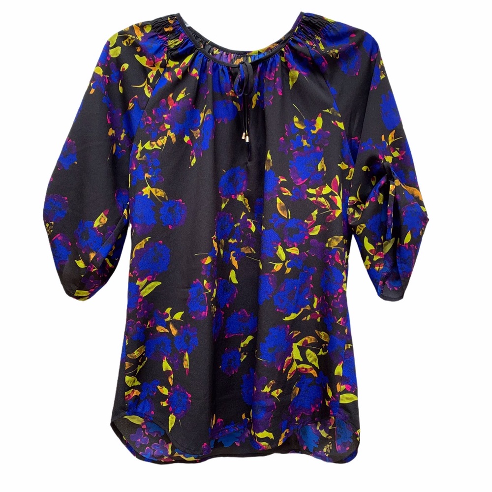 Yumi Kim Joey Abstract Floral Peasant Tie Front Boho Blouse Neon Moody Emo Goth